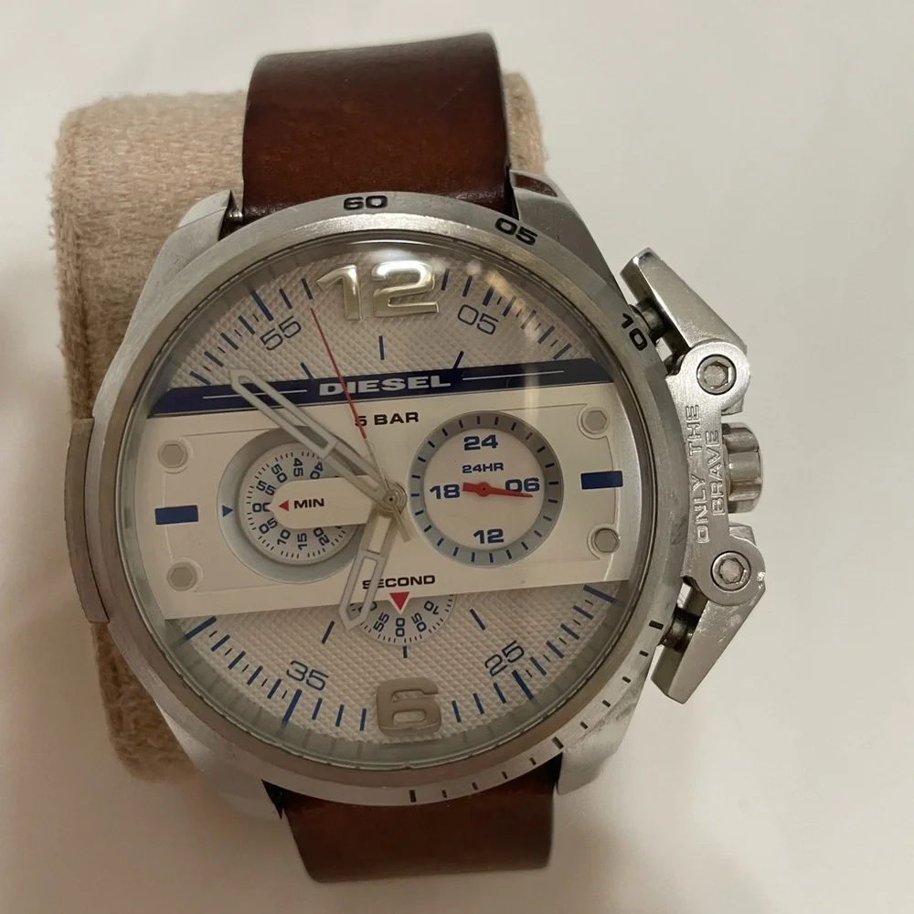 Diesel Men’s Silver Case Watch with White Dial and Brown Leather Strap